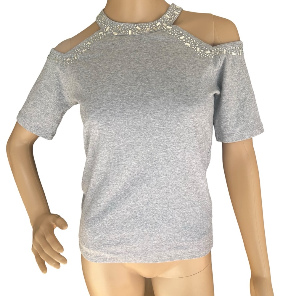Bebe NWT Embellished Cold Shoulder Top Heather Gray Medium Rhinestone Cutout